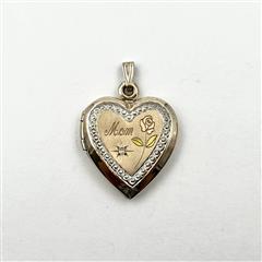 14k Two-Tone Gold Engraved Mom Rose Diamond Heart Locket Pendant